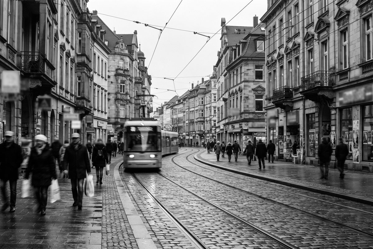 Innenstadtstraße in Hannover mit Stadtbahngleis und Altbauten