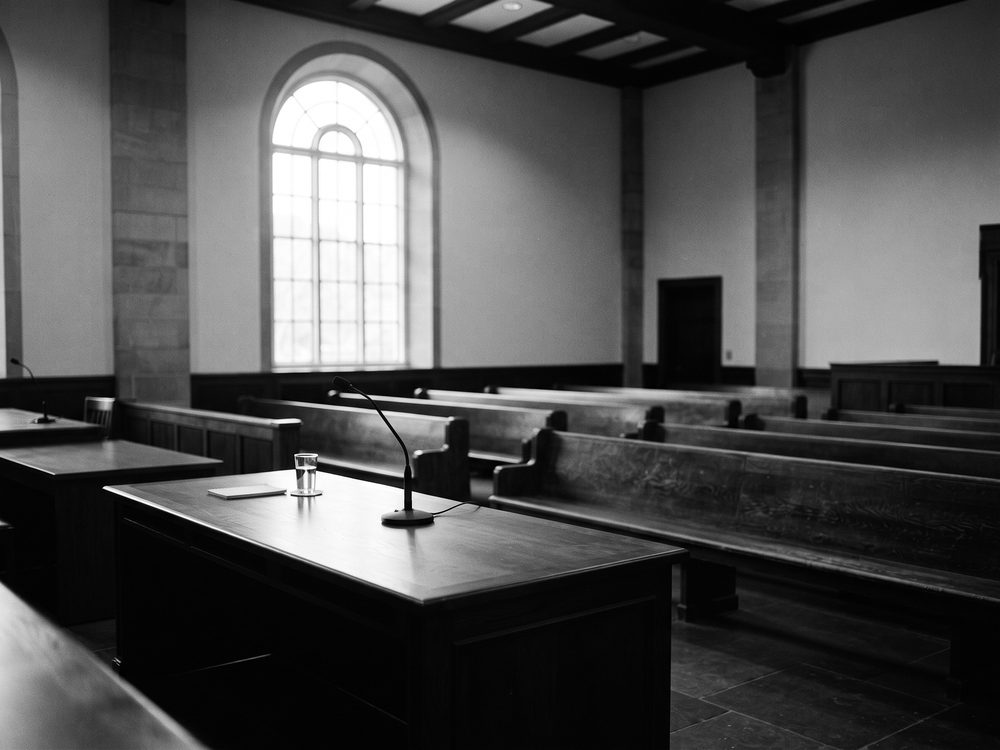 Leerer Verhandlungssaal mit Holzbänken und einem Mikrofon auf dem Tisch