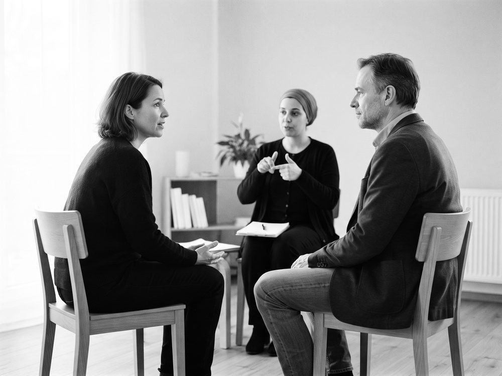 Zwei Menschen im Halbkreis in einem Therapieraum, eine dritte Person dolmetscht