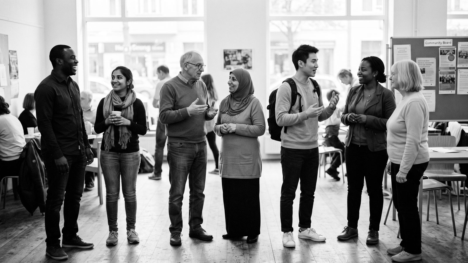 Mehrere Menschen unterschiedlicher Herkunft unterhalten sich in einem hellen Raum