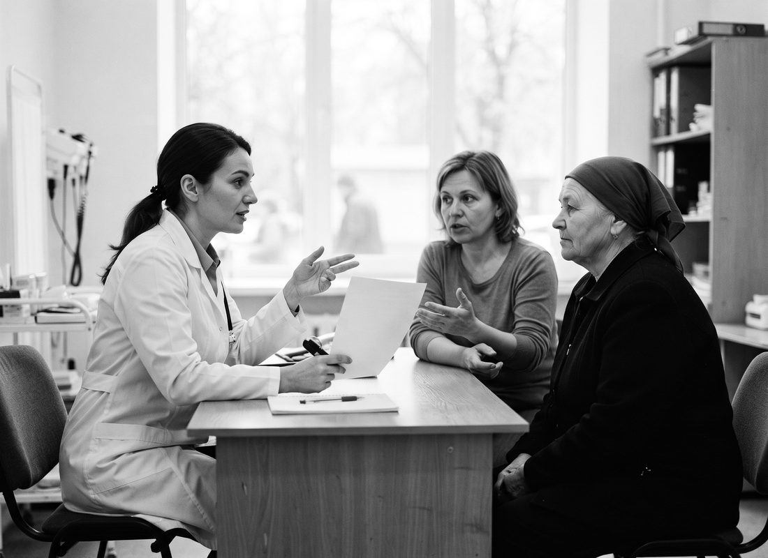 Ärztin, Patientin und dolmetschende Person im Aufklärungsgespräch