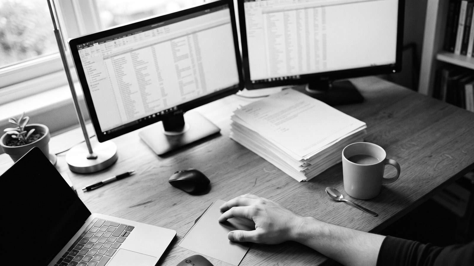 Arbeitsplatz mit zwei Bildschirmen, Papierstapel und einer Hand am Trackpad